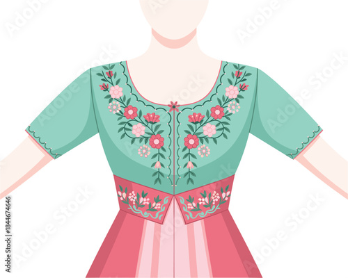 Vector illustration of a woman wearing a pink and green floral dress