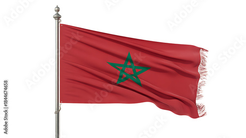 A vibrant red moroccan flag waving against a dark background with a green star emblem and fringe detail 
