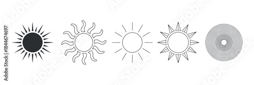 Progressive stages of a sun graphic transitioning from solid black to concentric circles depicted in a monochrome style