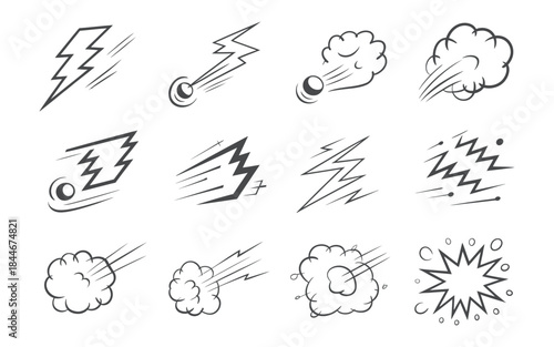 A collection of cartoon illustrations depicts various dynamic effects like lightning bolts speed lines and explosion clouds