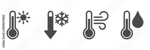 A collection of simple black line icons displaying various weather conditions and temperature readings for visual communication
