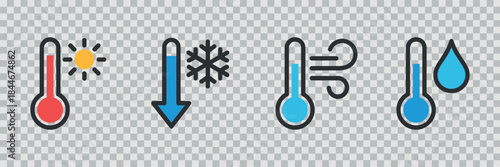 A colorful illustration displaying different weather conditions with thermometers showing hot cold windy and rainy states