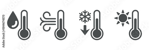 A visual representation of weather conditions depicted through thermometers showing rain wind temperature snow and sun