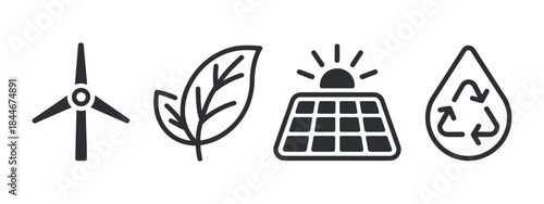 Illustrations of renewable energy sources including wind leaf sun solar panel and recycling droplet symbols are displayed