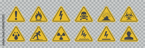 A collection of yellow warning signs depicting various hazards and potential dangers on a transparent background