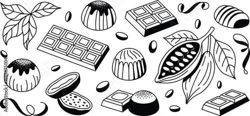 Chocolate Desserts and Cocoa Sweets Black and White Illustration.