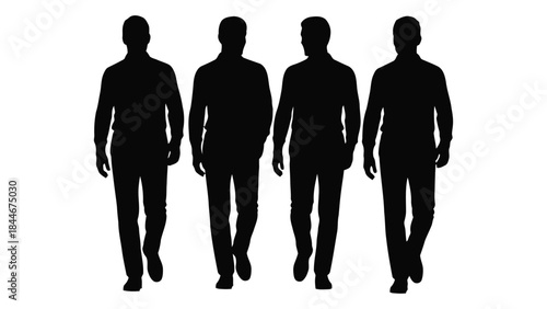 Four men walking in a row viewed from the front simple black silhouette