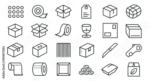 An assortment of packaging and shipping icons including boxes tape labels and delivery related elements displayed in a linear style