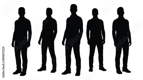 A group of six men standing together depicted in a stark black silhouette