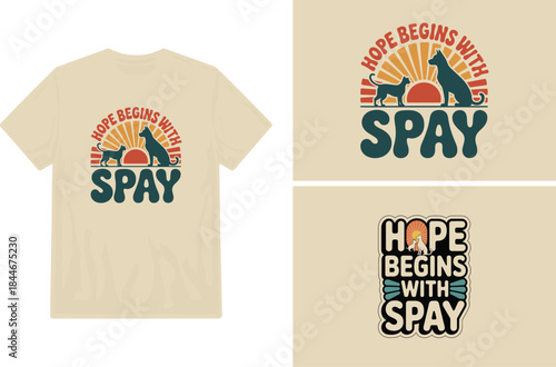 Vintage style t shirt design featuring cats a sunset and the phrase hope begins with spay