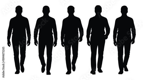 A row of five dark male figures walking forward a striking visual silhouette