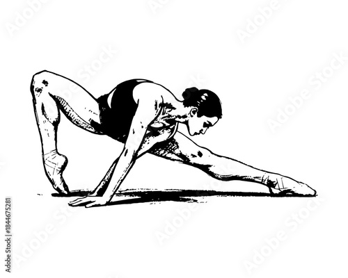 Ballerina stretching in a dynamic pose, black and white sketch.