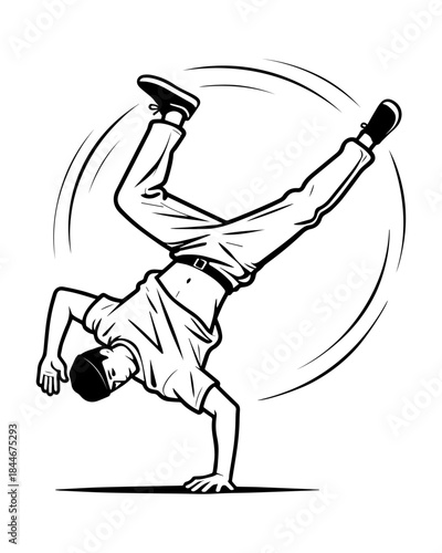 Dynamic illustration of a person performing a handstand breakdance move.