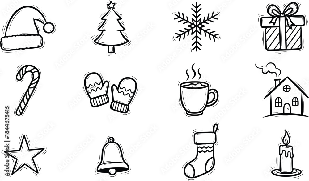 Fototapeta premium Collection of twelve charming black and white doodle icons representing winter holidays and cozy seasonal elements