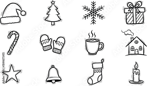 Collection of twelve charming black and white doodle icons representing winter holidays and cozy seasonal elements