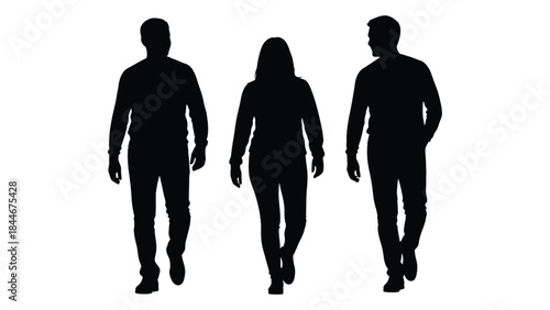 Three people walking forward depicted as dark shapes against a white background silhouette