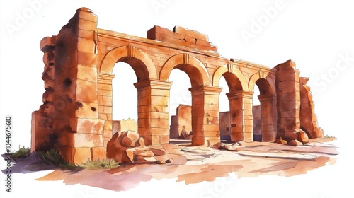 Roman ruins of Timgad. Roman ruins of Timgad hand drawn watercolor illustration on white background