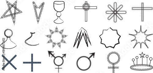 Collection of Hand-Drawn Religious, Astrological, and Geometric Symbols with a Grungy Outline.