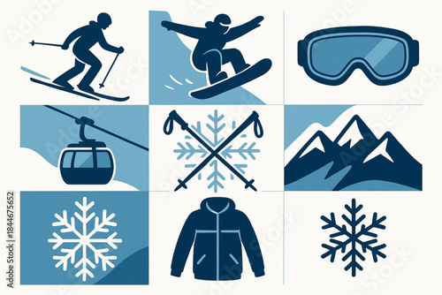 Chilean Andes Winter Sports Vector Grid with Skiing, Snowboarding, and Mountain Icons