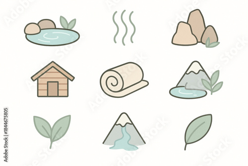 Chilean Hot Springs and Wellness Vector Icon Pack with Thermal Pools, Spa, and Nature Symbols