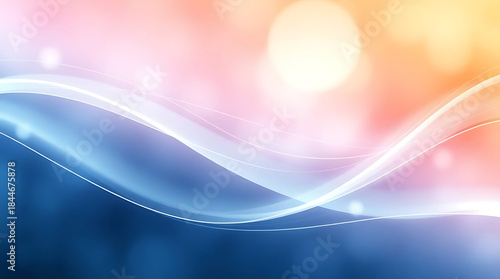 Abstract flowing blue and white light waves against a soft, warm bokeh background of pink, orange, and yellow hues, representing energy, technology, or digital motion