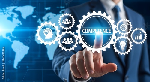 Businessman touching a gear with the word competence, global business strategy and development concept with world map background