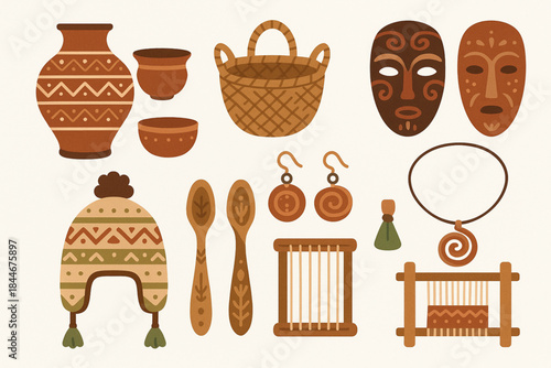 Chilean Artisan Crafts Vector Icon Set with Pottery, Baskets, Masks, and Handmade Objects
