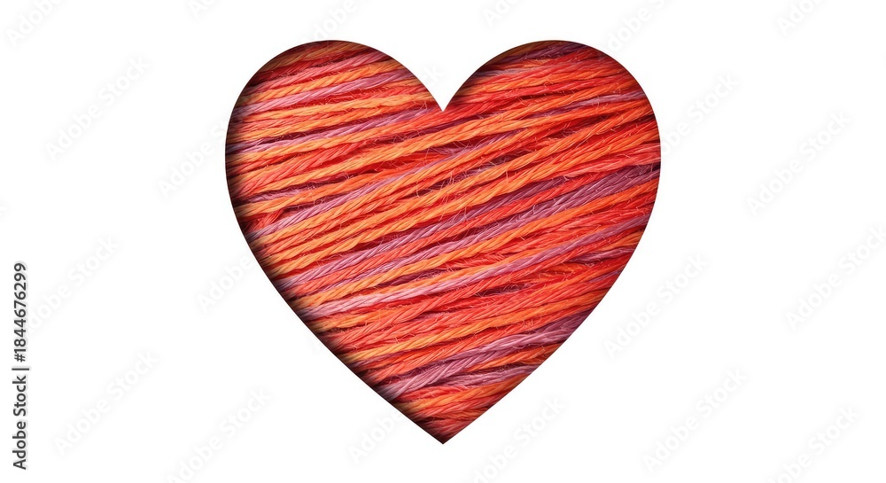 Fototapeta premium A bright graphic heart shape utilizing a heavy multicolored yarn texture, digitally cut out and isolated for design projects ,textile ,soft ,fuzzy