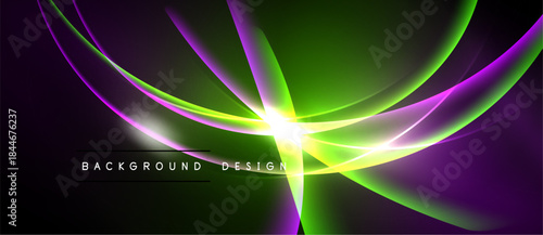 Abstract design features vibrant green, purple curves. Light radiates from central point over black background. Modern, dynamic composition.