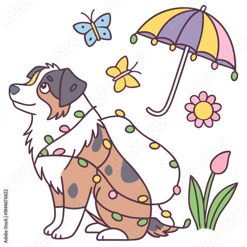 Delightful Shy Australian Shepherd in a Spring scene with wrapped in fairy lights – Blooming Renewal vector illustration