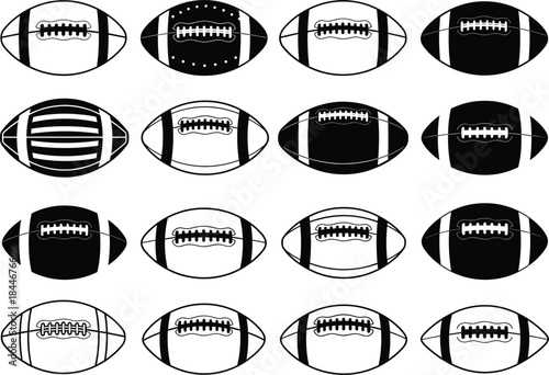 Collection of Sixteen Black and White American Football Icons in Various Outline and Solid Designs, Representing Sports Equipment, Games, Leagues, and Team Athletics.