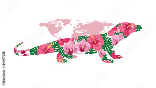 Vibrant floral lizard silhouette on pink world map background