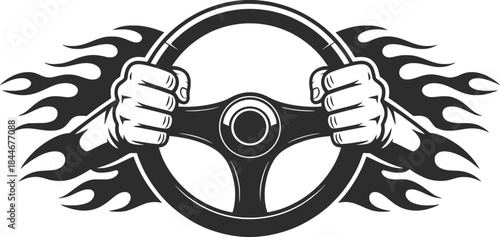 Flaming Steering Wheel with Strong Hands Racing Vector Illustration.