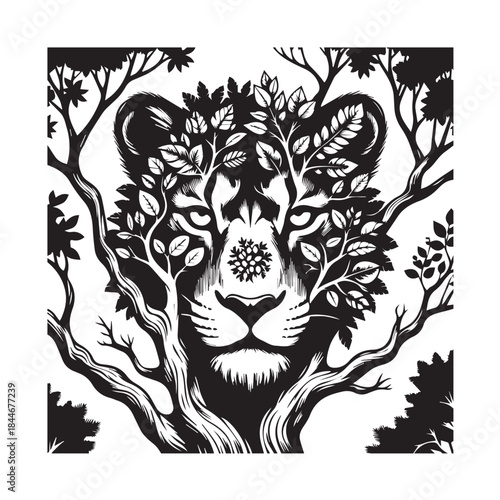 Black and White Jungle Jaguar Face Silhouette, Nature Wildlife Tree Leaves Woodcut Illustration