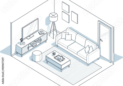 Isometric Line Art Vector of a Modern Living Room Interior Design with Sofa, TV, Coffee Table, and Stylish Minimalist Furniture on a Striped Rug.