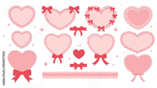 Set of vector illustrations featuring a collection of pink heart shapes, labels, and frames with red bows, ribbons, and decorative edges, perfect for Valentine's Day, love, and romance designs
