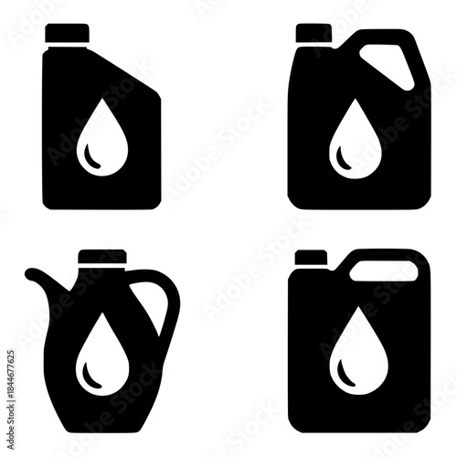 Spare part icon, 4 oil container illustrations, black, transparent background