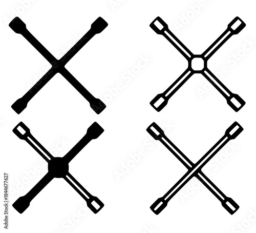 Spare part icon, 4 cross wrench illustrations, black, transparent background
