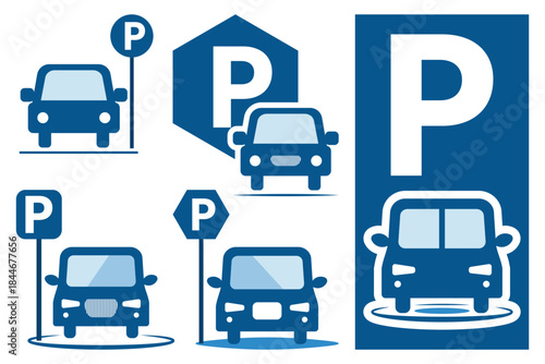 Blue , black parking sign with white letter p, traffic and road symbol, urban street design, icon for transportation and public spaces, isolated on white background