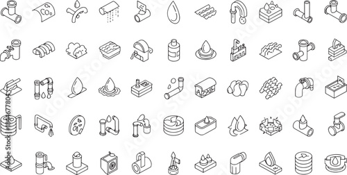 Water Supply and Plumbing Isometric Line Icons Set: Wastewater, Pipeline, Droplet, and Industrial Processing Symbols.
