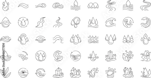 Minimal Line Icons of Water, Waves, and Natural Elements: Set of Liquid, Flow, Crystal, and Nature Symbols.