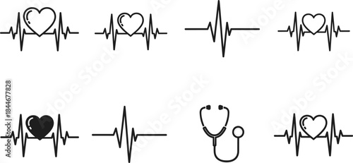Set of Black and White Heart Rate Lines, ECG Pulse Traces, and Stethoscope Icons Representing Healthcare, Medicine, Cardiology, Emergency, and Wellness Concepts.