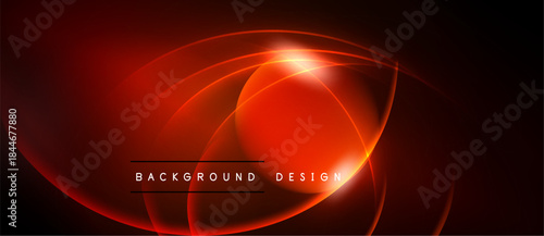 Abstract red neon lines create dynamic circular shapes. Dark background emphasizes glowing effect, modern design element.