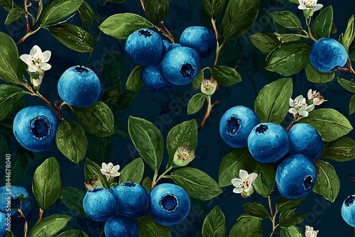 Elegant, chic, vintage seamless pattern with blueberries and white flowers