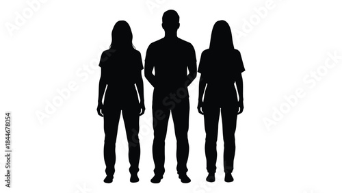 Three individuals standing together a striking black form against a white backdrop silhouette