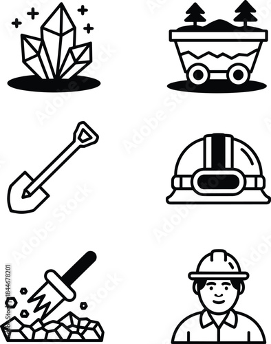 Set of six black outline mining icons including shining crystals, mine cart with coal, shovel, welding mask, and miner worker, representing precious resources and labor vector illustration.