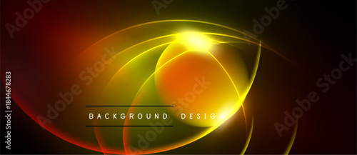 Abstract design features vibrant orange, yellow glows. Curved lines create dynamic energy, dark background enhances luminosity. Modern aesthetic.