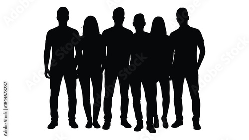 a group of people standing closely together depicted as a striking black silhouette