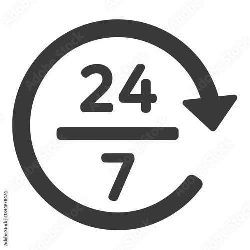 A circular icon displaying twenty four over seven with an arrow