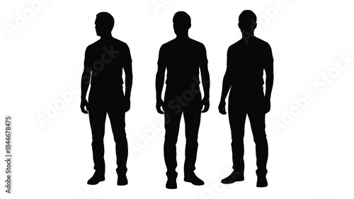 Three men standing side by side presented as a striking black shape silhouette
